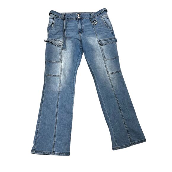 MADDEN NYC Steve Madden denim blue utility cargo jeans matching belt plus sz 16 - Picture 1 of 11